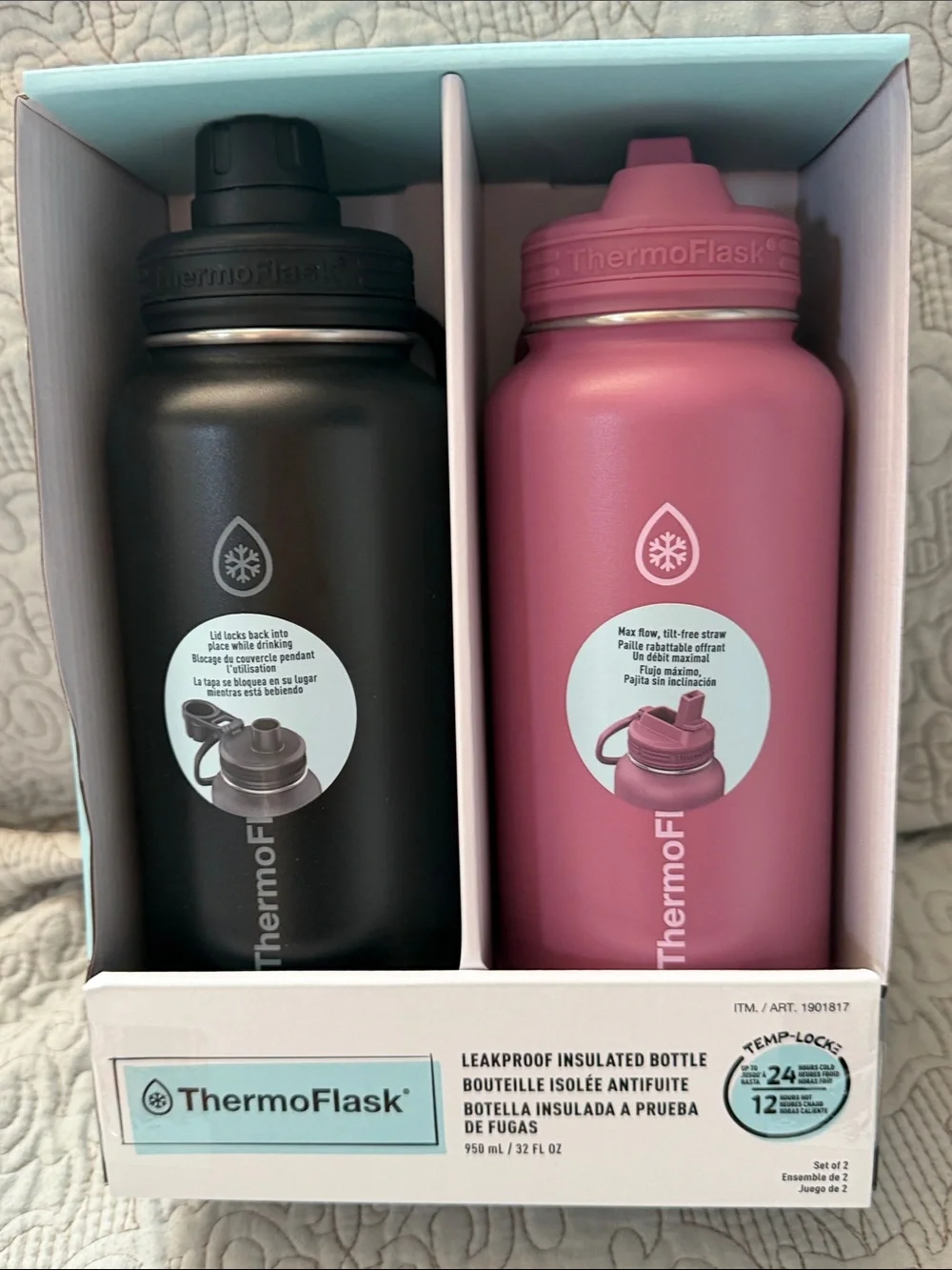 ThermoFlask Leakproof Insulated Water Bottle Set - Black & Pink